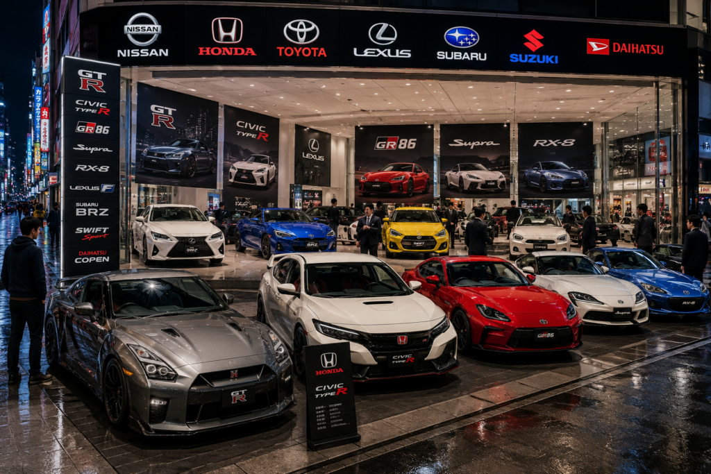 How to Buy a Car in Japan as a Foreigner Japanese Sports Car Dealership Showroom – Nissan GT-R, Supra, Civic Type R